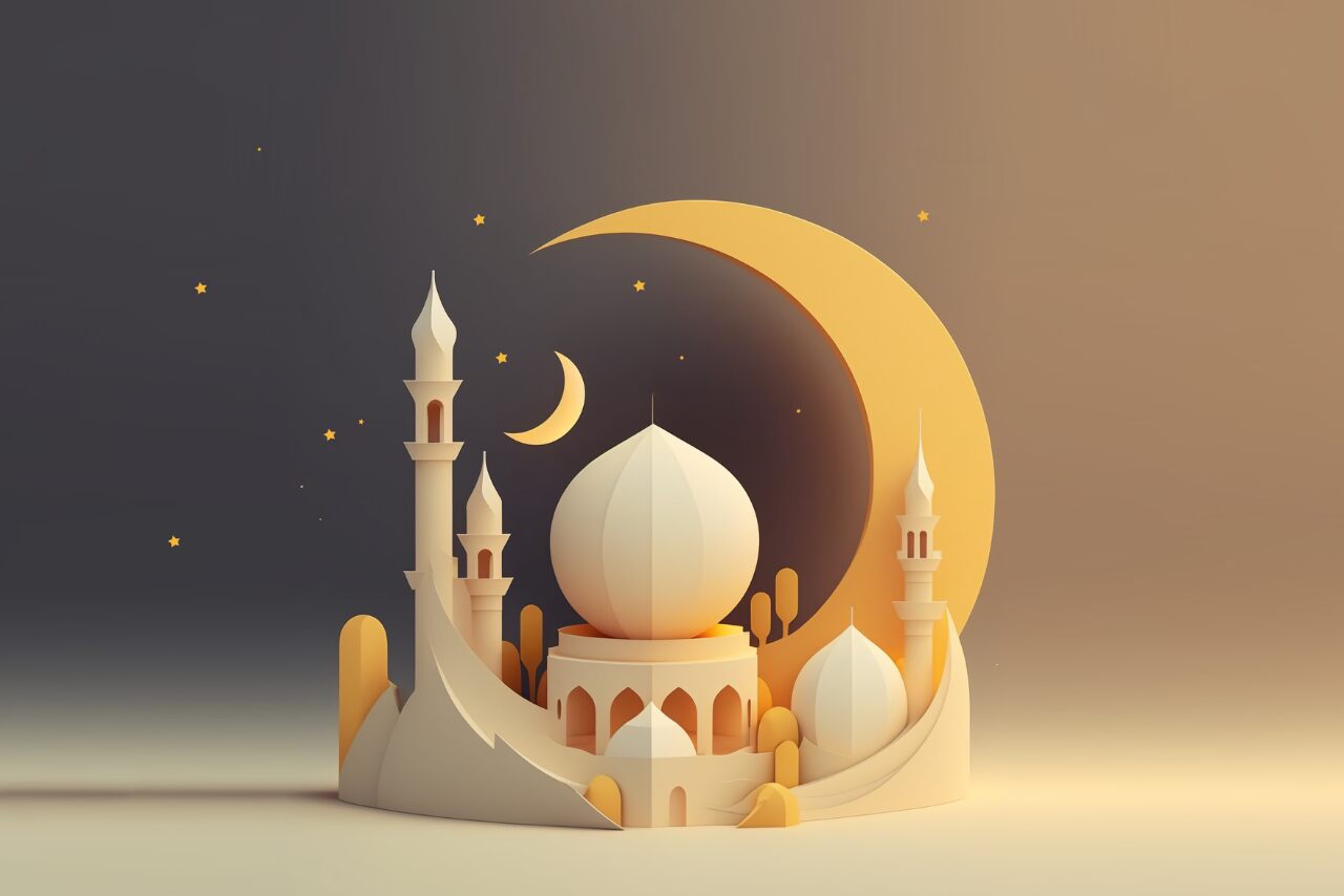 Beautiful 3D mosque design with a golden crescent moon and stars wallpaper.